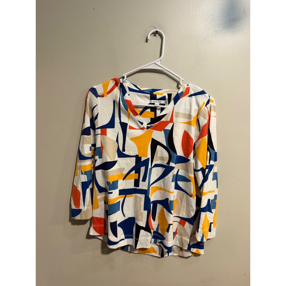 Chicos Geometric Abstract Print V-Neck 3/4 Sleeve Top Size 1 Medium Multi-Color